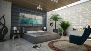 Ściana w sypialni z paneli tapicerowanych za łóżkiem.